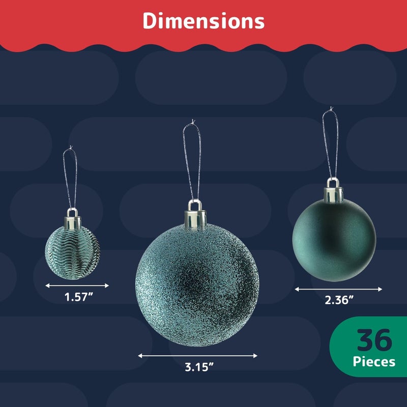 Prextex 36-Pieces Christmas Ornaments Set - Shatterproof, Festive Olive Green Christmas Tree Balls Decorations in 3 Sizes and 6 Styles with Hanging Loops for Tree, Wreath, Dazzling Holiday Party Decor - Image 3